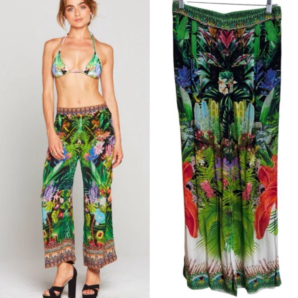 Czarina Tropical Love Silky Bead Embellished Pants Size XS Resort Vacation Green